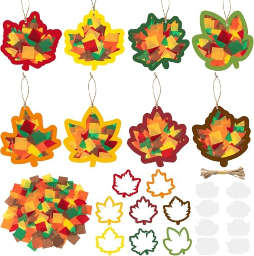 24 Sets Maple Leaf Suncatcher Paper Craft Kit – DIY Window Art for Kids | DIY Stained Glass Effect Window Ornament Rainbow Tissue Paper Art Craft Classroom Activities Supplies Thanksgiving Decor