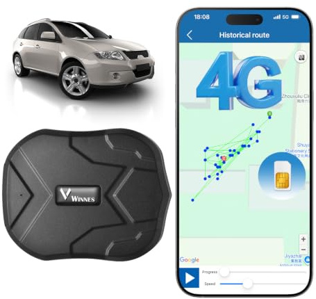 Winnes Rastreador GPS 4G para Coche con Tarjeta SIM integrada, hasta 120 días en Espera, magnético, IP65, localización en Tiempo Real Mediante aplicación, protección antirrobo para Coche, camión y