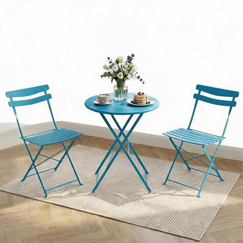 3-delat set med vikbara trädgårdsmöbler, bistroset i stål med 23,6 cm runt bord och 2 stolar, ingen montering, utomhus uteplats set för balkong, veranda, trädgård, rostbeständig och