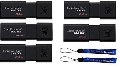 Kingston (TM) Digital Data Traveler 64GB DT100 G3 3.0 64 GB USB High Speed Flash Drive (5 Pack) (DT100G3) With (2) Everything but Stromboli (TM) Lanyards
