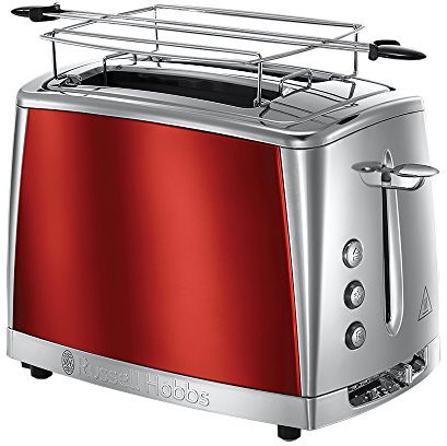 Russell Hobbs Tostapane - 2 Fette - Acciaio Inox color Rosso; Scomparti per toast extra larghi; 6 livelli di doratura; Funzione di Scongelamento; Funzione solleva e guarda; 1550 W, Luna 23220-56