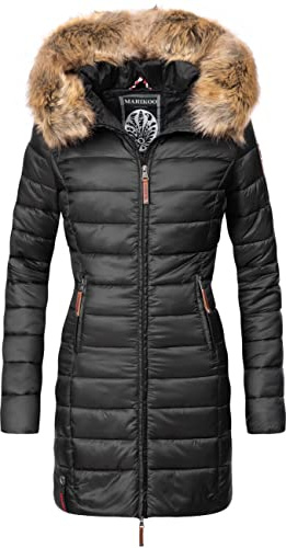 MARIKOO Damen Wintermantel warmer Steppmantel lang mit Kapuze und abnehmbarem Kunstfell-Kragen Rose Schwarz Gr. XL