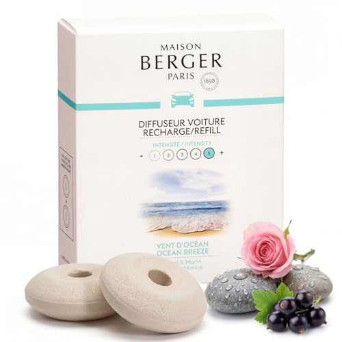 MAISON BERGER – Recharge Diffuseur Voiture Vent d’Océan, Lot de 2 Recharges Céramique, Diffusion Passive 4 à 6 Semaines, Notes Marines Florales, Fabriqué en France