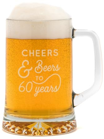 Engraved Tankard - Cheers and Beers to 60 Years Design - 60th Birthday Gifts for Men - Mens Drinkware - 20oz Glass Stein