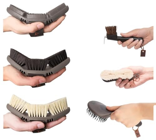 Animalon Basis-Set | Kardätsche, Striegel, Wurzelbürste, Schweif- & Mähnenbürste & Hufbürste | Basis-Ausrüstung für die tägliche Pferdepflege (braun)