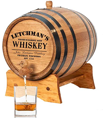 Personalized 2 Liter American Oak Whiskey Aging Barrel with Wood Stand, Bung & Spigot - 2L Mini Barrels For Aging Cocktails, Bourbon, Whisky, Rum, Tequila, Mead Wine - Custom Laser Engraved (P5)