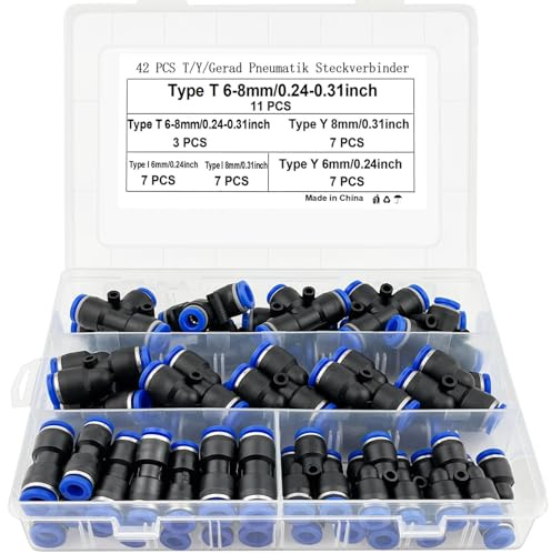 xianzhanEU 42 st pneumatiska kontakter, T/Y/rak snabbkontakt för snabb anslutning av luftledningar, med låda (6 mm/8 mm)