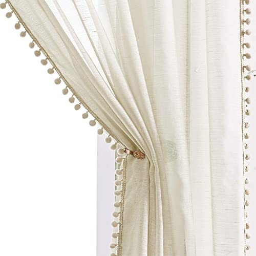 Pom-Pom Linen Sheer Curtain Panels for Nursery 54-inch Light Weight & Airy Pencil Pleat Voile Curtains Slub Textured Natural Farmhouse Semi-Transparent Window Drapes for Childrens Bedroom 52 w 1 Pair