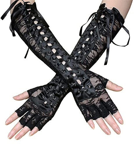QUUPY 1 paire de gants longs en dentelle punk longueur coude à lacets pour femme gants sexy pour Halloween fête accessoire de soirée (noir), Noir , 10 x 39cm