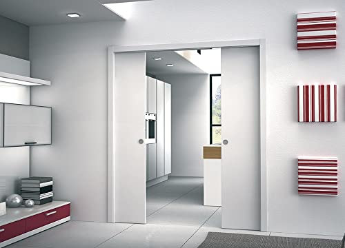Porta scorrevole a scomparsa interno muro a doppia anta in laminato Rovere Grigio Finitura Cromata