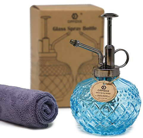 OFFIDIX Glas-Pflanzenvernebel, 300 ml, Sprühflasche im Vintage-Stil, Gießkanne mit Kunststoffpumpe, Blumengießkanne für Topfpflanzen, Garten, Reinigung (blau)