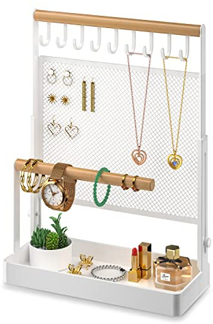 IOAIANIA Jewelry Organizer Stand, Liftable Necklace Holder with Earring Organizer Net, 9 Hooks Necklaces Storage Wooden Handing Bar for Bracelets Watches Rings (White)