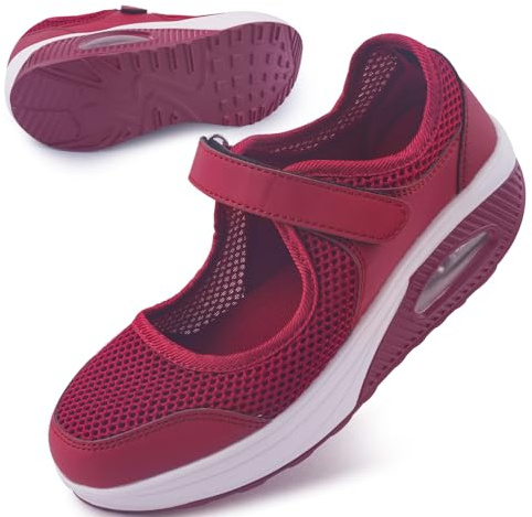 Git-up Scarpe da Passeggio da Donna con Chiusura Leggero Sneakers Infermiere in Mesh Traspirante Scarpe Cuscino d'Aria in Schiuma di Memoria, Rosso 39