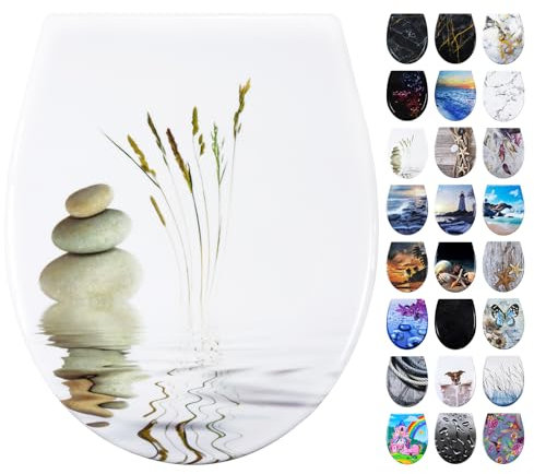 Fanmitrk Abattant WC avec système d'abaissement automatique, couvercle de toilette en Duroplast avec fermeture rapide, montage par le haut, siège de toilette avec motif (pierre blanche)