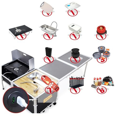 WOLWES Cuisine Camping avec Évier et Poele Meuble Camping avec roulettes Cuisine Exterieure Table de Camping Pliante (Size : Upgrade Smart Version)