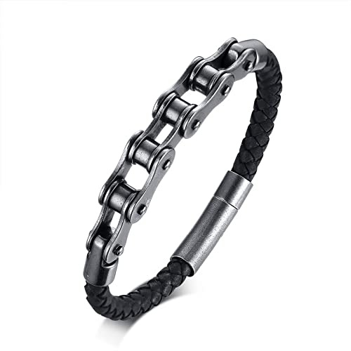 BISONBLUE Bracciale Uomo Bracciali Regalo Braccialetto Bracciale da Uomo Bracciale in Pelle con Catena da Bicicletta Bracciale da Uomo Nero retrò