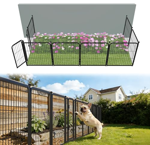 FXW Garden Fence Outdoor for The Yard – 24in(H) x 15.2ft(L) Heavy Duty Metal Animal Barrier for Dog and Rabbit, Decorative Dog Fence, 8 Panels, Black