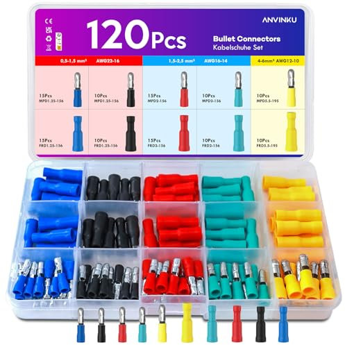 ANVINKU Electrical Wire Connectors 120pcs, 10 Types Male and Female Bullet Connectors, 0.5-6.0mm² Insulated Terminal Bullet Butt Connectors, Crimp Connectors Kit for Wiring, Auto Electrical Connectors