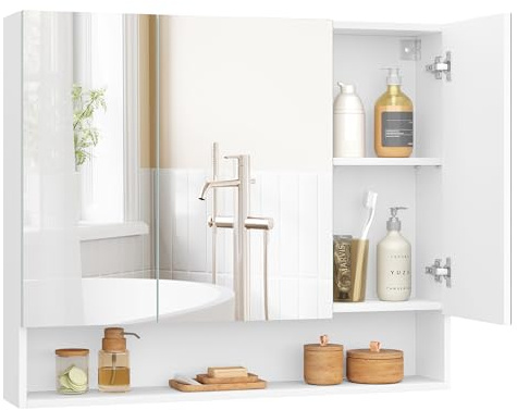 VASAGLE KAILYN Collection - Medicine Cabinet Mirror, Bathroom Wall Mirror Cabinet with Storage, Open Compartment, Adjustable Shelves, 6.5 x 35.4 x 29.5 Inches, Cloud White UBBK130W01