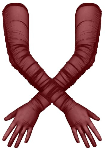 lasuroa Lange Handschuhe für Damen, Stretch-Falten Sexy Handschuhe Transparente Tüll Handschuhe 1920er-Jahre Handschuhe Opernhandschuhe für Opern Weihnachts Halloween Kostümparty (Tiefrot)