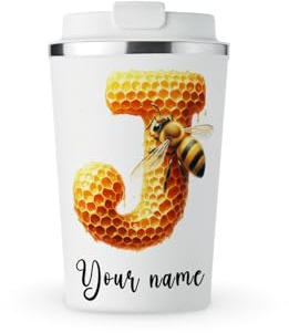MAXIKIWI - Personalised Insulated Double Walled, Leakproof Stainless Steel Mug, Coffee or Tea Travel Tumbler with Lid, Keep Drinks Hot and Cold - Honey Bee Alphabet Theme - 350ml