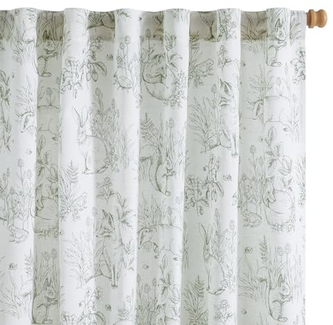 Vangao Sage Green Nursery Curtains for Kids Room Linen Curtains 84 Inch Long Farmhouse Drapes with Bunny Woodland Wildlife Print Light Filtering French Country Forest 2 Panels