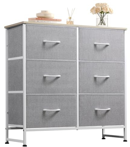 WLIVE Kommode mit Schubladen, komode Schlafzimmer mit 6 Stoffschubladen | Kommoden & Sideboards mit Stabiler Stahlrahmen und Holzplatte, Kommode Wohnzimmer, Einfach zu Montieren, Hellgrau
