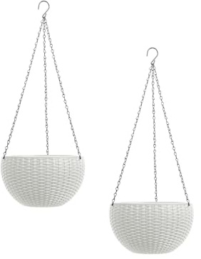 HTI living Blumenampel 2er Set Rattanoptik Weiß Blumentopf hängend Kunststoff
