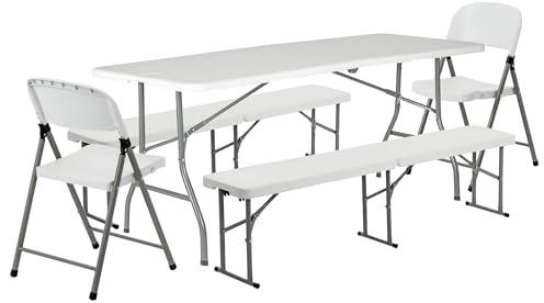 Harbour Housewares Klappbarer Camping-Picknicktischset, Bank & Stuhl - 180cm (6ft) - Weiß - Faltbar Tragbar Im Freien Garten Essen Möbel