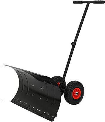 Pala da Neve con Ruote in Acciaio Bianco T-Grip, Pala da Neve con Manico Regolabile in Altezza, utilizzata per la rimozione della Neve sulle Strade Invernali, per marciapiedi, marciapiedi, t