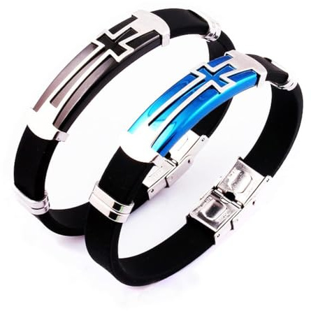 Herren Jungen Titanstahl Silikon Armband Mode Schmuck Schwarz Silber und Blau Mode Kreuz Armband，Arm Kette (2 Stück)