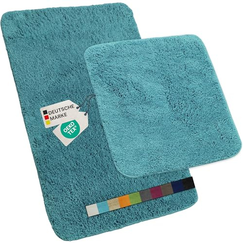 NYVI Badematten Set 2 teilig NYVISpa Lasalle 45x50 + 50x80 cm Aqua Badematte & WC-Vorleger - Badezimmerteppich Set - rutschfest, Saugfähig, Schnell Trocknend, Fußbodenheizung geeignet, Oeko-TEX