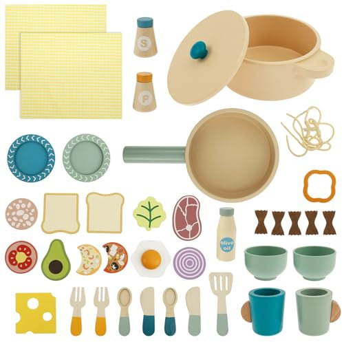 Lot de 37 accessoires de cuisine pour enfants, en bois, jouets amusants avec casseroles et ustensiles de cuisine, ensemble de cuisine coloré pour tout-petits, cadeau pour enfants à partir de 3 ans