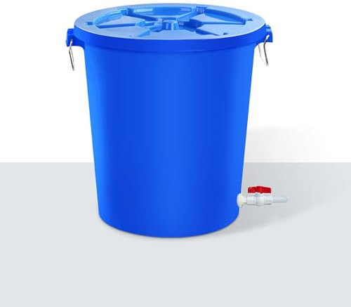 Barile per pioggia da 31 x 41 x 46 cm, in plastica, per raccolta dell'acqua piovana, sistema di grondaia, con coperchio, colore: blu