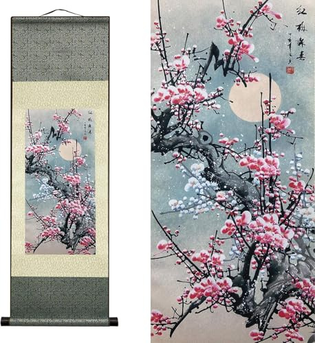 AtfArt Seiden Schriftrolle Gemälde, Asiatische Wall Decoration, Blumen Deko Wand – Rote Pflaumenblüten – Schöne Chinesische Painting, Hängende Malerei fur Wanddeko Orientalisch | Pflaumenblüte, Symbol der Widerstandskraft, Chinesische Kunstrolle für Wohnzimmer, Schlafzimmer, Bürodekor