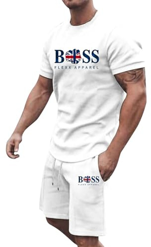 Fashion Men's Tracksuits 2 Pieces Summer Tracksuit Crew Neck Tee Shirt & Casual Short Set Sportwear Outfits Sportswear for Gym Running Exercise Fitness(White,L)
