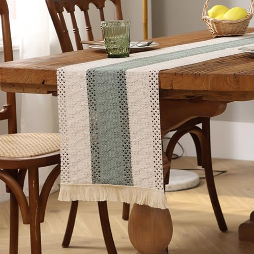 Poraceous Camino de Mesa Bohemio, Camino de Mesa Moderno, Caminos de Mesas Verde Salvia, Diseño Geométrico Calado, Lavable, Decoración de Cocina, Fiesta, Cumpleaños, Boda, Decoración, 30 x 140 cm
