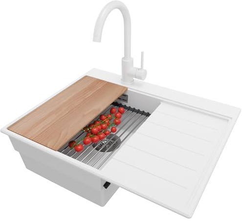 PRIMAGRAN Fregadero Granito Blanco 62x50cm, Cocina 1 Seno + Grifo 32x20cm + Sifón + Accesorios, Sobre encimera al mueble 40cm - Sydney S394