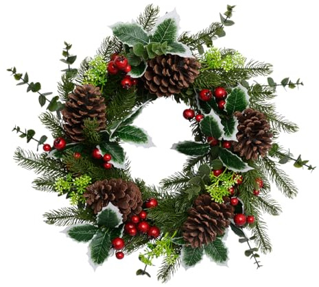 The Christmas Workshop 45cm Christmas Wreaths/Snowberries, Red Baubles, Holly & Eucalyptus/Decorative Round Artificial Wreaths for Indoor & Outdoor Use (Holly & Red Berries)