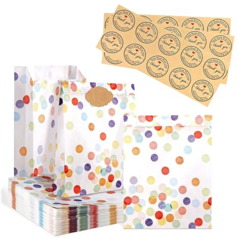 ZORVYN 30 Stück Geschenktüten Kindergeburtstag, Mitgebsel Tüten mit 30 Aufkleber, Papiertüten, Geburtstagstüten Klein für Kinder, Hochzeit, Party