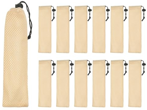 sourcing map 12 Pcs Pouch Bag Straw Carrying Cases, Portable Cutlery Sleeve Chopstick Case Utensil Bag for Home Travel Outdoor Storage Fork Spoon Chopsticks, S & Beige