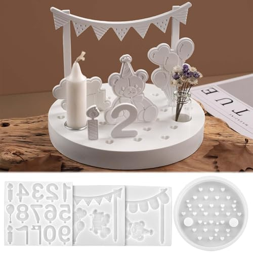 Silikonformen Gießformen Geburtstag WISIRENT, 4 Stück silikonform Geburtstag mit Bär Silikonform Zahlen Kerzenhalter 0-9, Silikon Gießformen Weihnachten Diy Zahlen Kerzenständer Silikonform für Diy