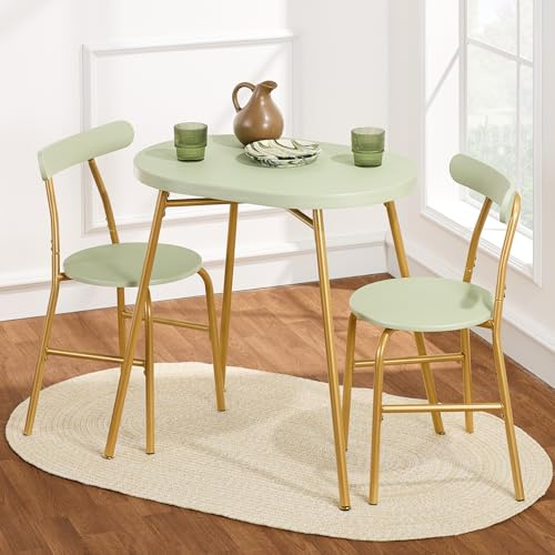 Best Choice Products 3-Piece Oval Dining Table Set, Modern Small Kitchen Dinette w/ 2 Chairs, Metal Frame, Curved Backrests - Sage Green/Gold