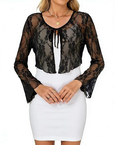 Boléro Femme Dentelle Gilet Veste Transparentes Cardigan Court Manches Longues pour Robe Mariage T Shirt Bretelle Chic Elégante Soirée Fête Décontracté Noir XXL