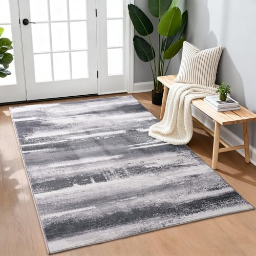 Rezutan Washable Rugs for Bedroom 80x150cm, Modern Abstract Carpet Soft Short Pile Non-Slip Area Rug for Living Room, Dining Room, Home Office - Black&Grey