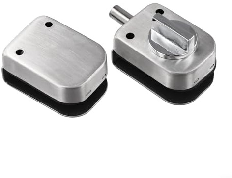 Sistema di chiusura per porta in vetro con struttura in acciaio inox, adatto per porte scorrevoli o doppie battenti di spessore 8-12 mm, senza bisogno di punzonatura