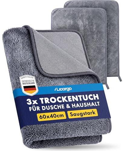 LICARGO Trockentuch Dusche XXL 3er Set, 60x40 cm – Saugstarke Mikrofasertücher & Microfaser Putztuch, fusselfrei, streifenfrei & kratzfrei – für Duschkabine, Bad, Glas, Armaturen & Auto - 600GSM