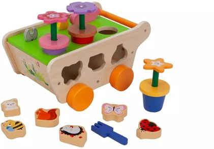 Chad Valley Wooden Gardening Shape Sorter * including a wagon cart, and 4 gardening tools, 3 stacking flowerpotwith flowers *