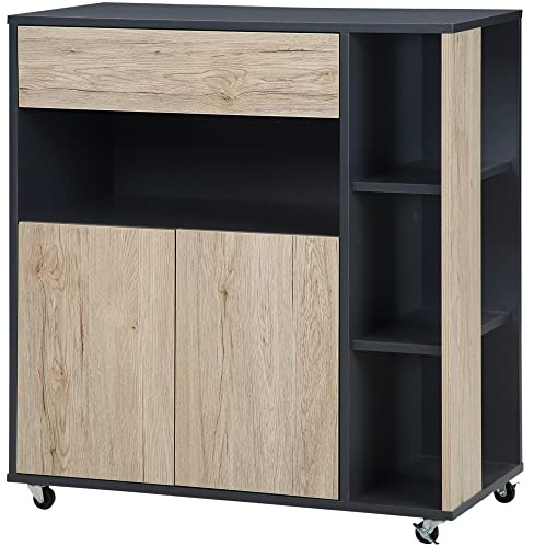 HOMCOM Carrello da Cucina Multiuso con Cassetto, Armadietto e Scaffale, Isola da Cucina Portavivande con 4 Ruote, 80x39x86.5cm, Legno e Nero