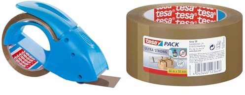 Tesa Packband Handabroller Pack ‘n‘ Go, Blau, inkl. 1 Rolle tesapack PP in braun, 50m:50mm & tesa Ultra Strong Packband (aus PVC mit besonders starker Klebekraft, 66 m x 50 mm) braun